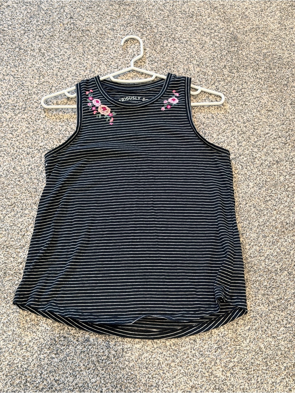 Aeropostale Seriously Soft Striped Black Tank Top with Pink Floral Embroidery XS